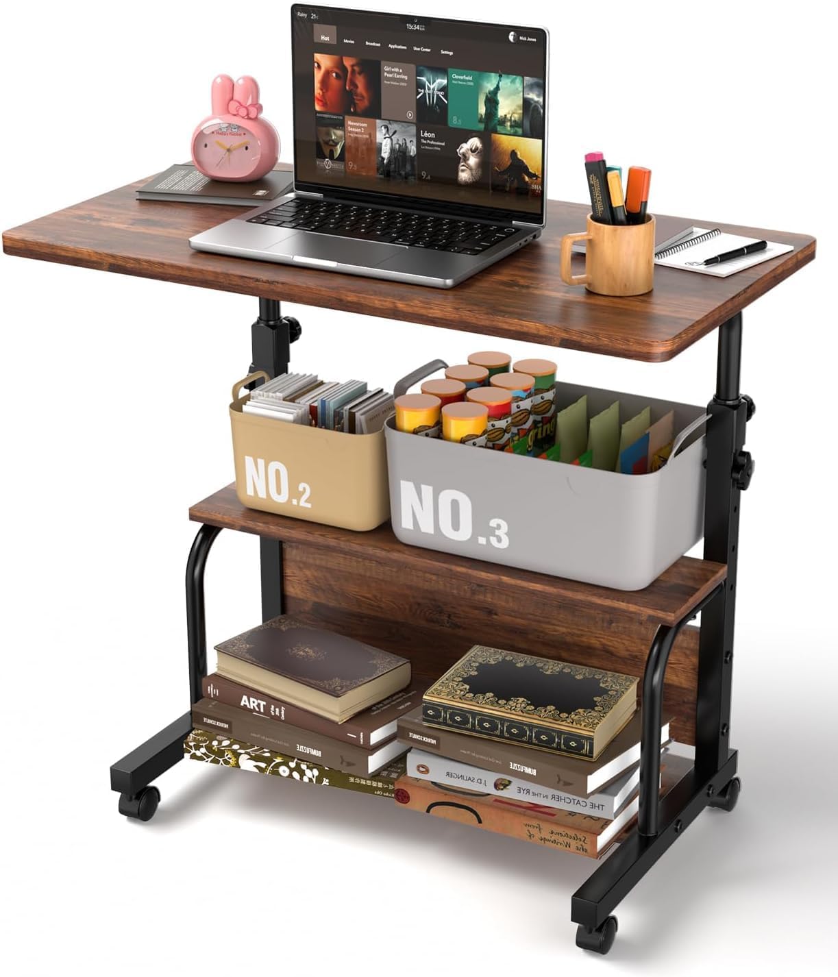 Storage Portable Adjustable Height Desk, 32 Inch Black Rolling Computer Desk for Home Office Small Study Spaces