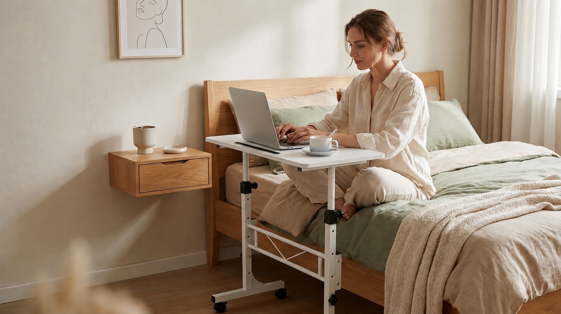Mobile adjustable standing desk set up as a small space home office