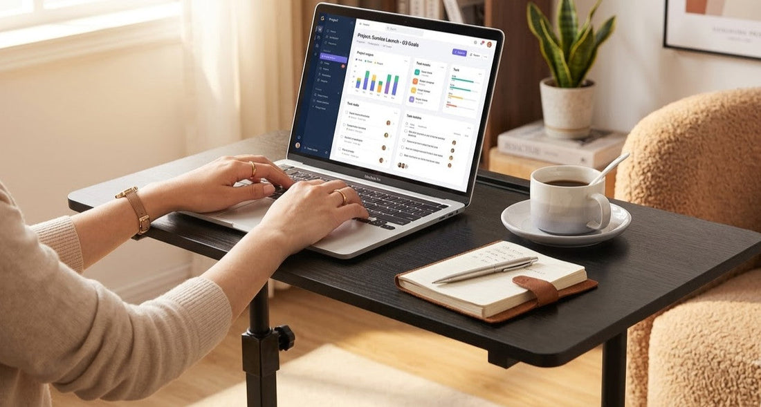 Person working at a mobile standing desk in a living room, creating a home office without a dedicated room