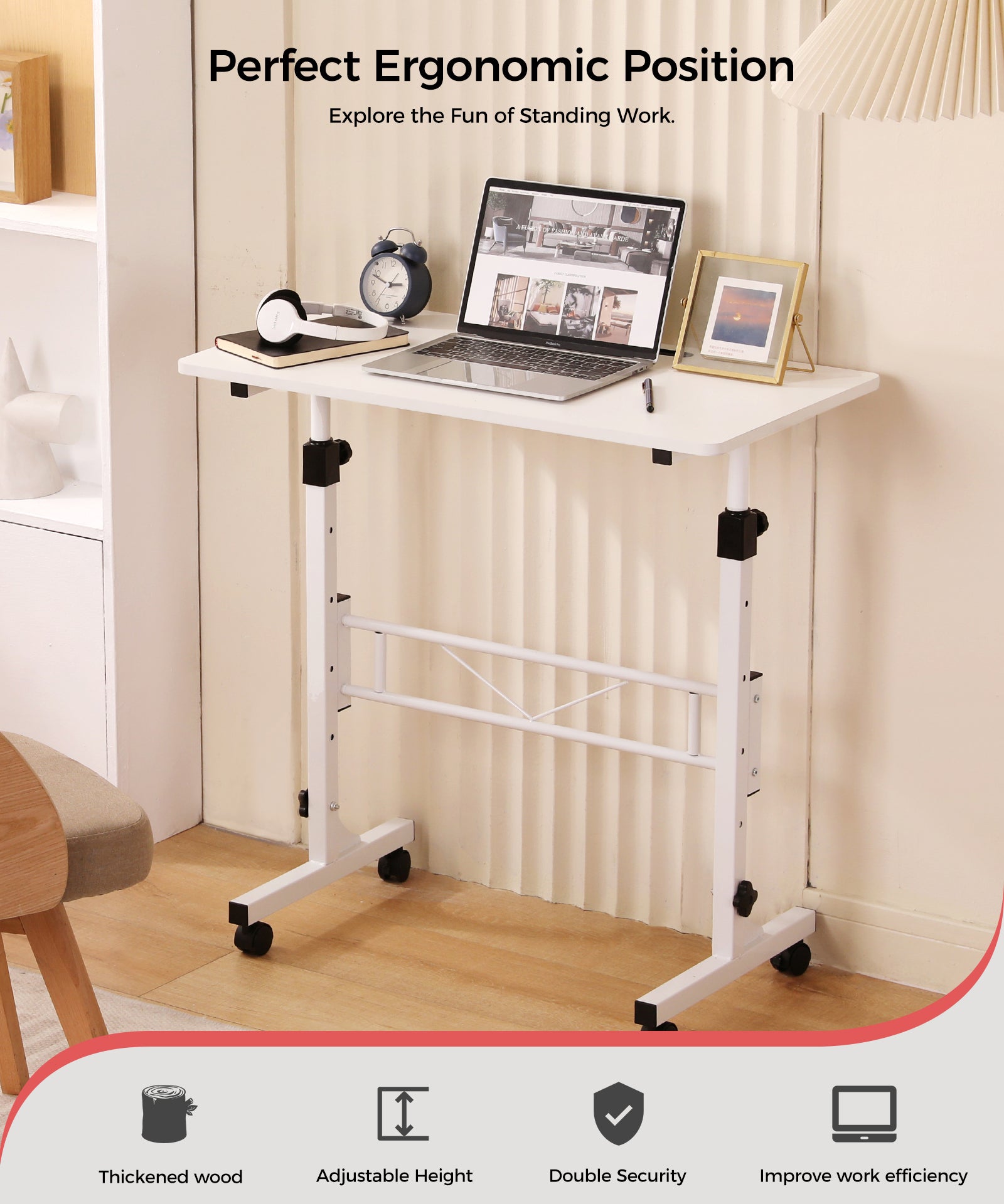 Mobile Standing Desk White – Perfect Ergonomic Position, Adjustable Height, Thickened Wood Desktop with Lockable Wheels