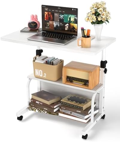 Storage Portable Adjustable Height Desk, 32 Inch Black Rolling Computer Desk for Home Office Small Study Spaces