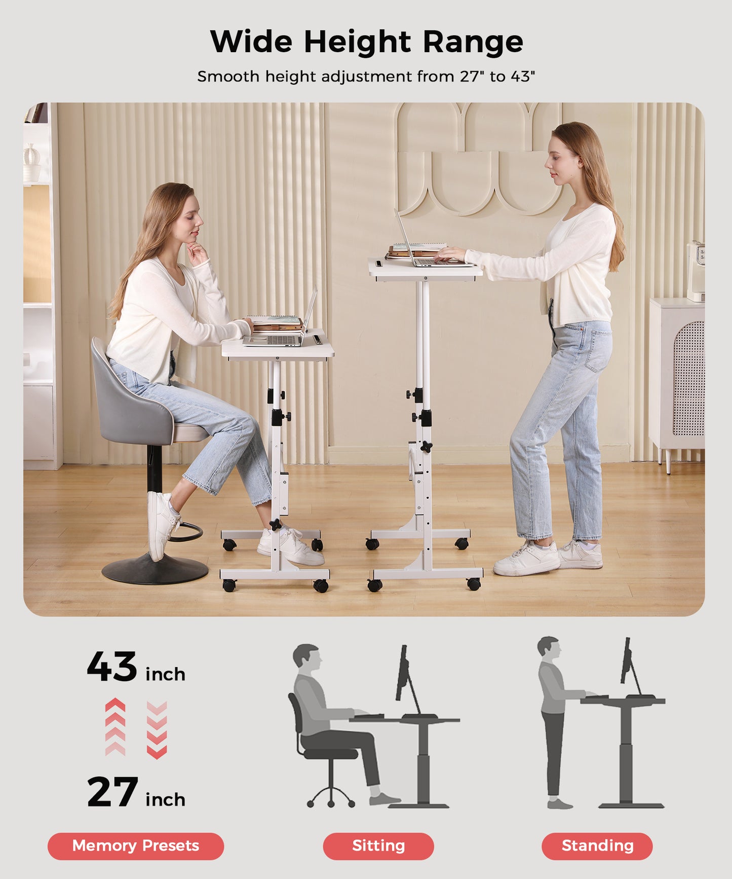 Mobile Standing Desk Wide Height Range 27 to 43 Inches – Sitting and Standing Positions, Smooth Height Adjustment