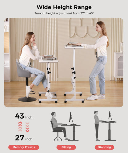 Mobile Standing Desk Wide Height Range 27 to 43 Inches – Sitting and Standing Positions, Smooth Height Adjustment