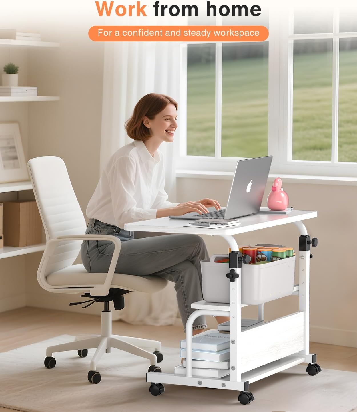 Storage Portable Adjustable Height Desk, 32 Inch Black Rolling Computer Desk for Home Office Small Study Spaces