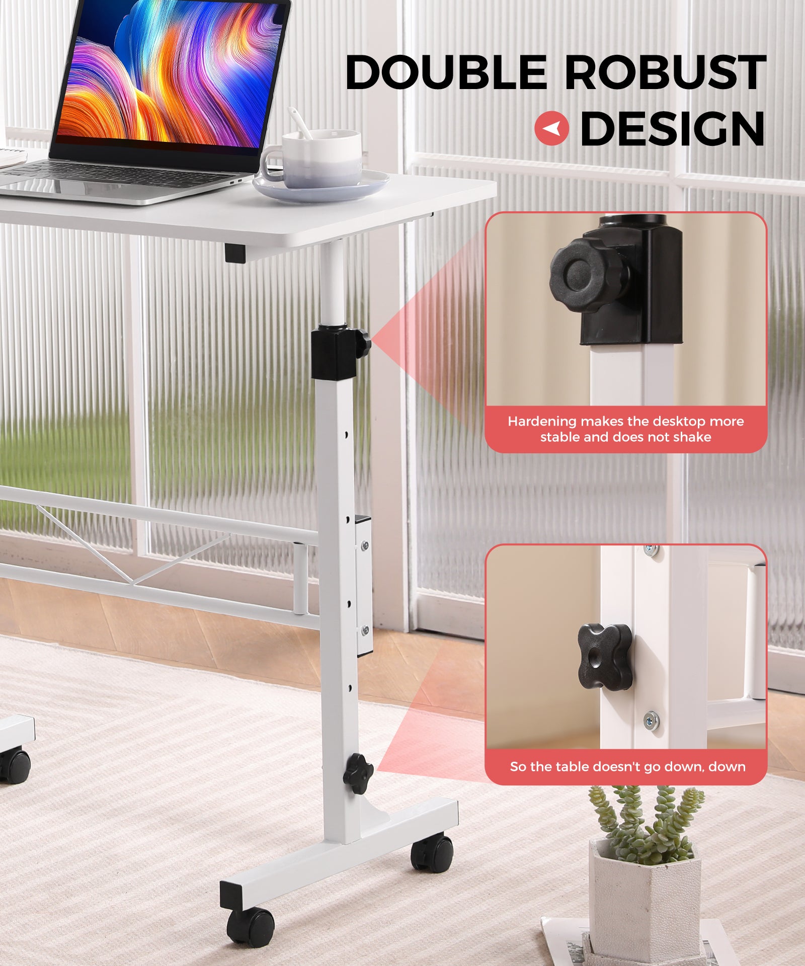 Mobile Standing Desk Double Robust Design – Hardened Knobs for Stability, Anti-Shake Steel Frame with Lockable Wheels