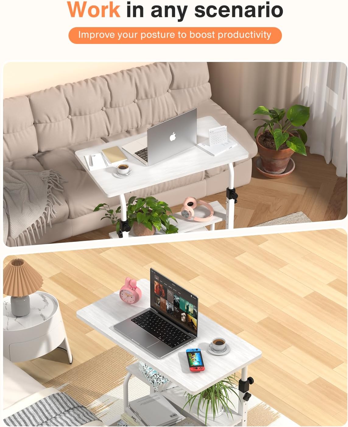 Storage Portable Adjustable Height Desk, 32 Inch Black Rolling Computer Desk for Home Office Small Study Spaces