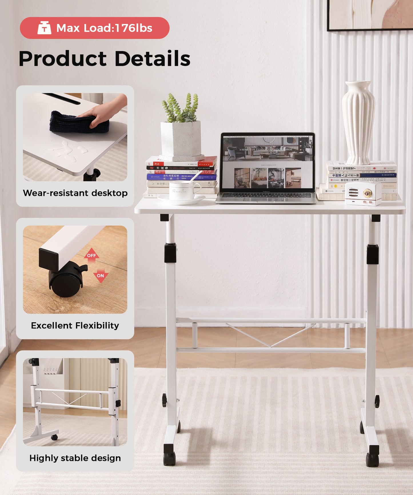 mobile Standing Desk Product Details – Max Load 176 lbs, Wear-Resistant Desktop, Lockable Wheels, Highly Stable Design