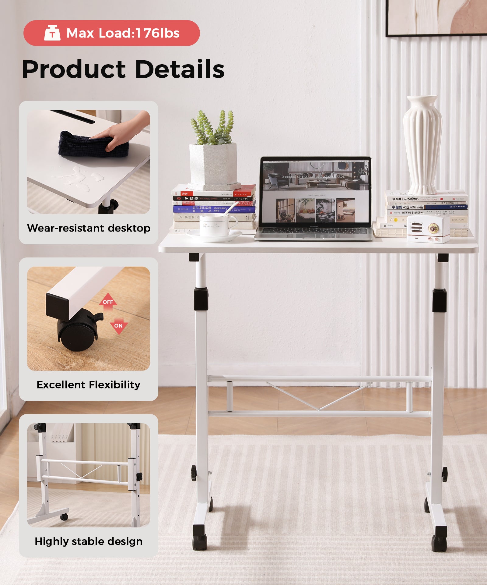 mobile Standing Desk Product Details – Max Load 176 lbs, Wear-Resistant Desktop, Lockable Wheels, Highly Stable Design