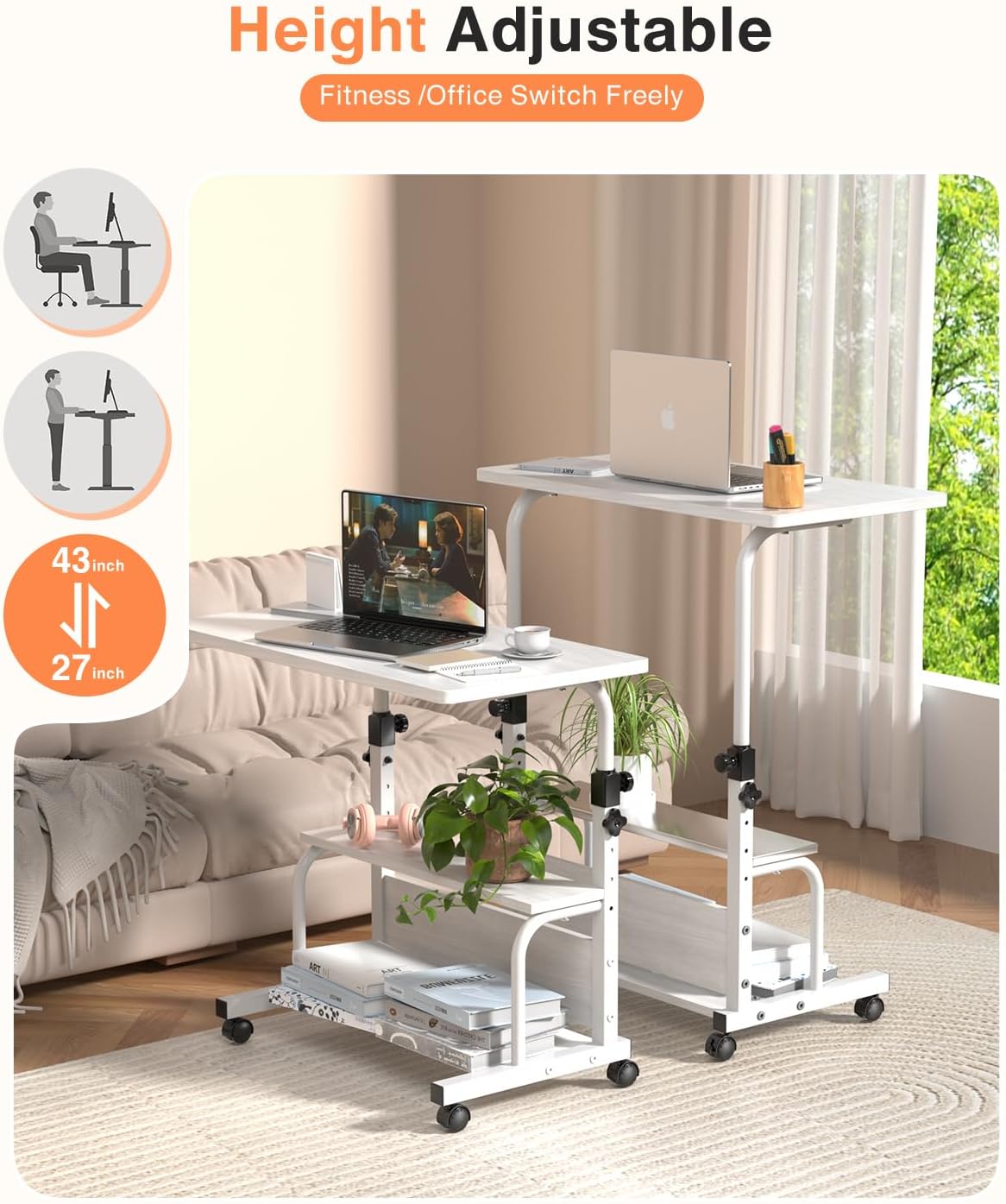 Storage Portable Adjustable Height Desk, 32 Inch Black Rolling Computer Desk for Home Office Small Study Spaces