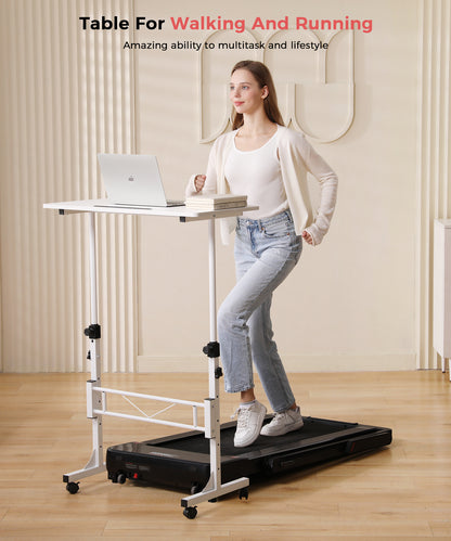 Mobile Standing Desk for Walking and Running – Woman Working on Laptop While Walking on Treadmill, Adjustable Height