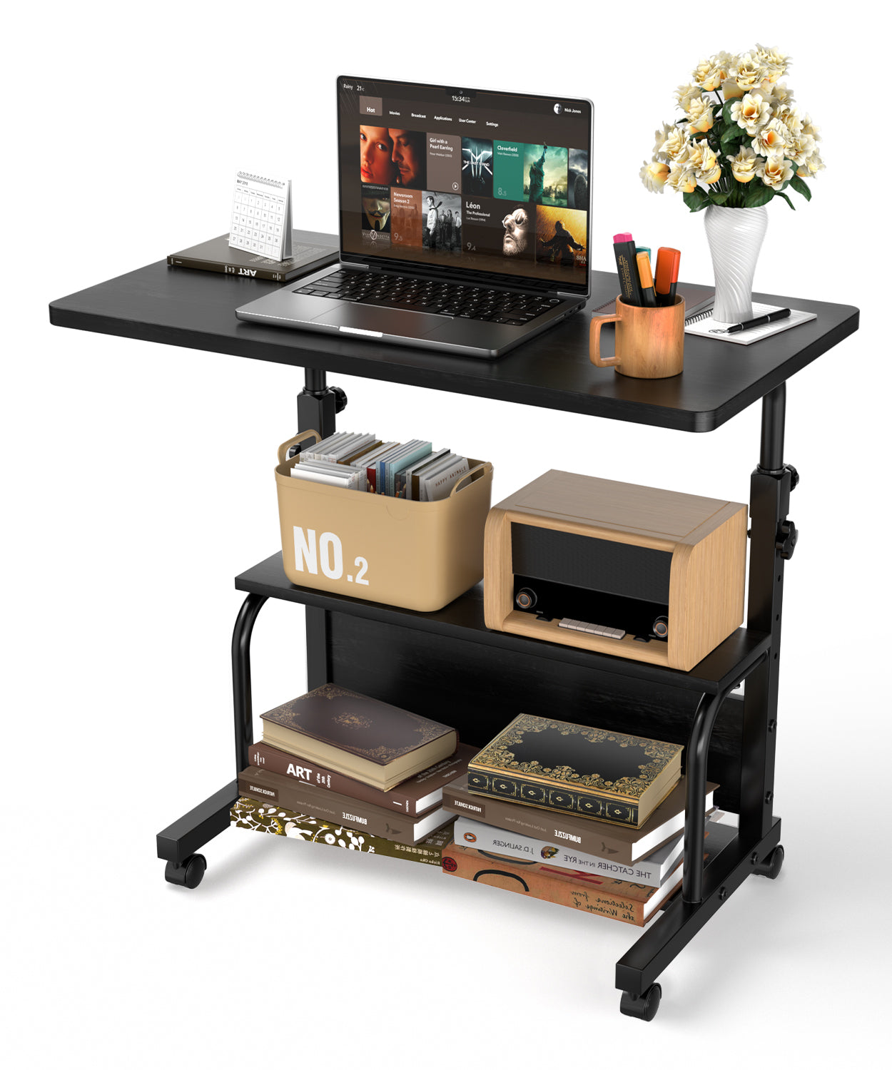 Storage Portable Adjustable Height Desk, 32 Inch Black Rolling Computer Desk for Home Office Small Study Spaces
